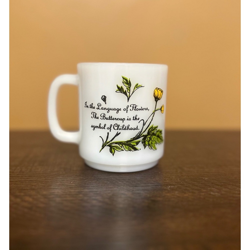 Vintage Glasbake Milk Glass Mug Language of Flowers Buttercup Childhood Yellow